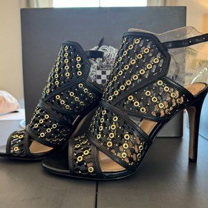 Vince Camuto Korthina Black Leather Lattice Gold Grommet Slingback Heels Sz 7.5M